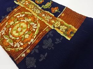 手織り真綿紬花鳥に幾何学模様織出し名古屋帯